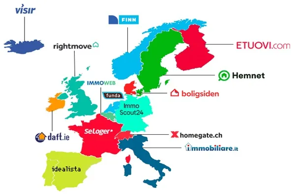 Európai országok egy vezető ingatlanoldal logójával
